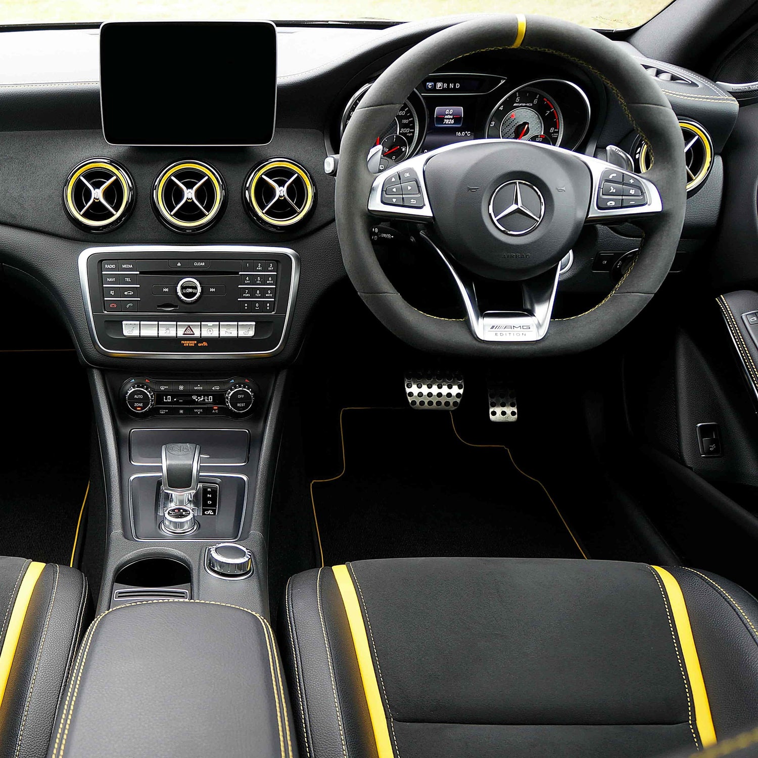 Mercedes Benz AMG Interior with black/yellow trim car mats